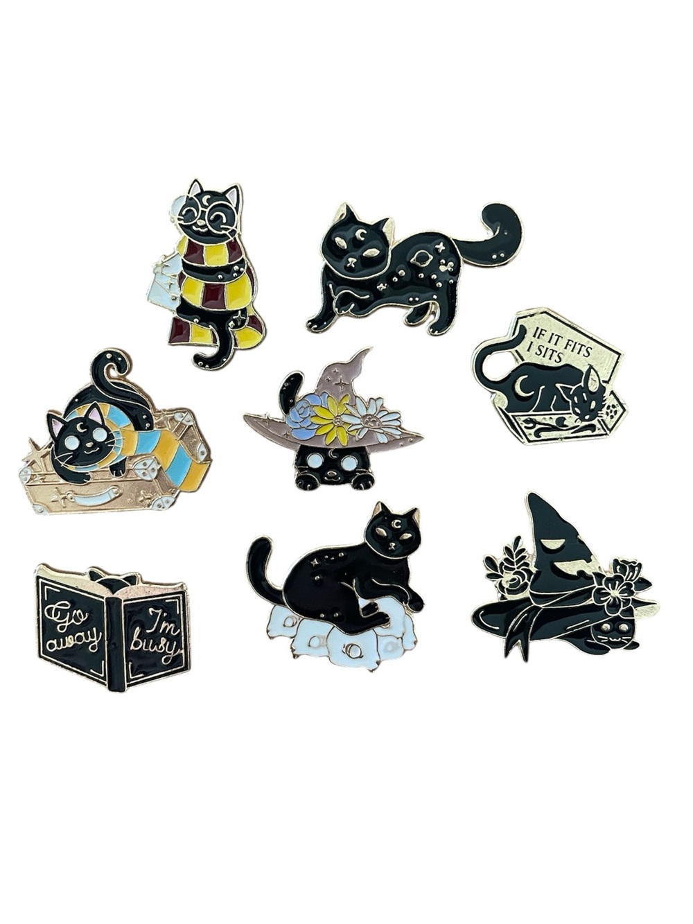 NWT Black Cat Enamel Pin Set - Cute Witch & Cozy Designs - 8 Pack